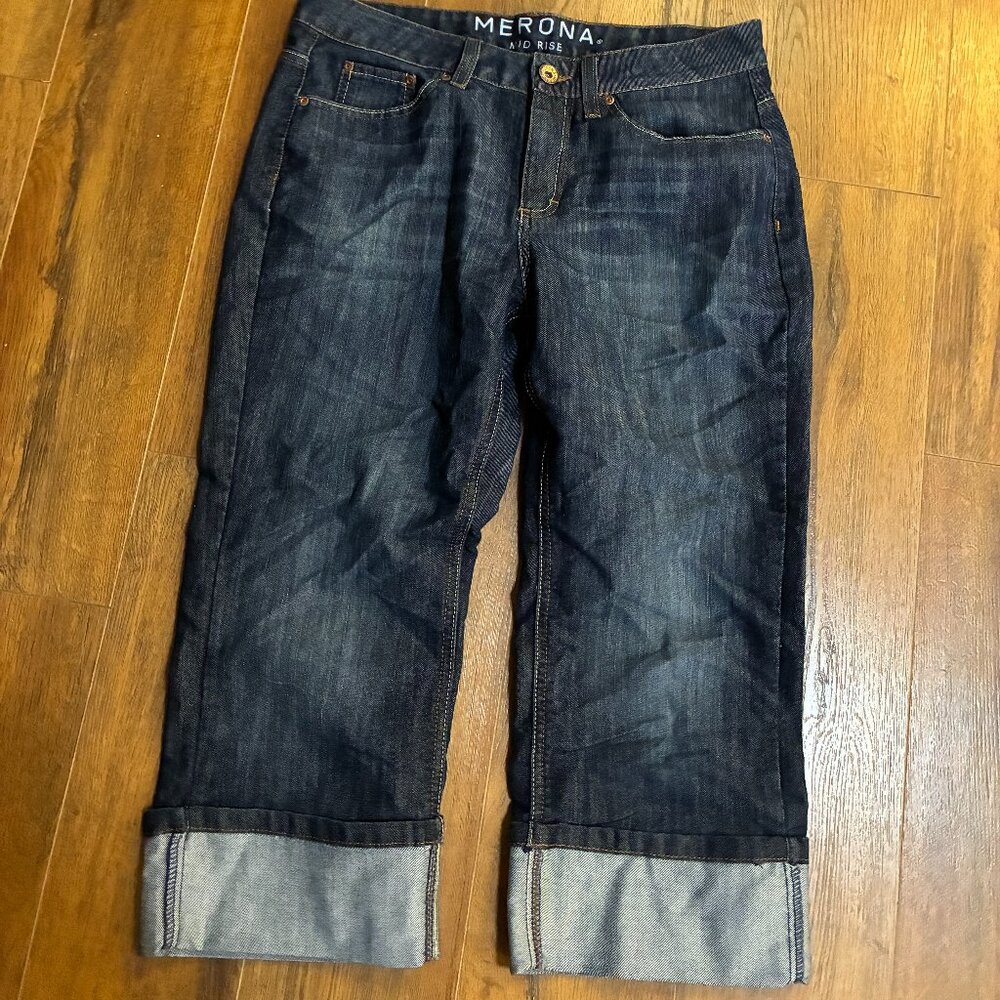Merona Clam Digger Capri Calf Jeans Denim Cuff Cotton Blend 12 Classic Clean
